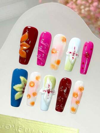 10 件/套手工亚克力按压指甲长棺材形指甲，鲜艳的配色，立体雕花，雕花水滴，3D 花指甲，适合春夏季的指甲，彩色指甲，明亮的颜色组合，可拆卸假指甲，指甲用品美甲，适合派对、舞会、日常穿着、学生派对、角色扮演，按压可重复使用，配果冻胶和指甲锉 DIY 指甲用品
