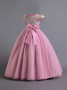 Tween Girls Embroidered Tulle Bow Princess Dress, Suitable For Flower Girl, Birthday Party, Piano Recital, Formal Occasions, Does Not Include Headband - Dusty Pink - View 3