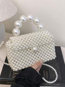 حقيبة يد أنيقة مصنوعة يدويًا من قماش مخرز باللؤلؤ، موضة كلاسيكية جديدة، حقيبة كتف وعبر الجسم مع سلسلة لؤلؤية، مناسبة للخروج والتواريخ وحفلات الموسيقى والعشاء والرقص