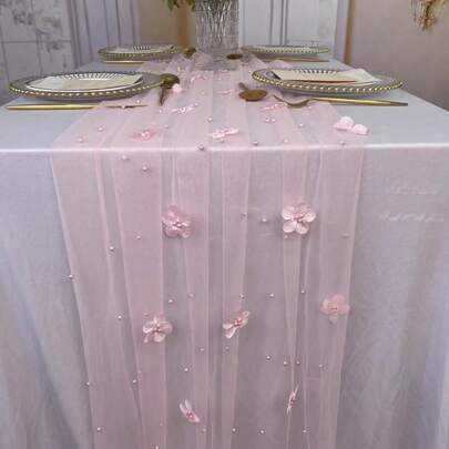 1pc Pearl Pink Floral Table Runner, Chiffon Sheer Table Decor Tulle Fabric Runner For Birthday Party, Valentine's Day, Prom