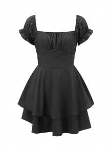 Women's Mini A-Line Dress Solid Color Ruffled Sleeves Square Neck Layered Hem Dress - Black - View 3