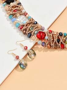 قلادة وسلسلة شانيل فاخرة بطراز بوهيمي مزينة بخرز بلوري مموج شبيه بالبلور والسلسلة المصنوعة من الألومنيوم بلون البن، مناسبة للنساء في المناسبات، الحفلات، الشاطئ والعطلات