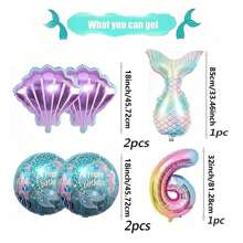 New Oversized Cartoon Mermaid Tail, Seashell Theme 32-Inch Ombre Number 0-9 Foil Balloons Birthday Set, Decoration For Birthday, Anniversary, Wedding, Party - Mermaid 6-piece Set - View 2