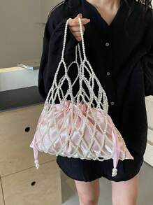 1pc Handmade Beaded Rhombus Weave Pearl Fishing Net Style Handbag, Sweet And Elegant Design For Women, Suitable For Summer Beach Vacation (With Drawstring Inner Pouch)