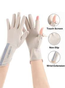 女士中长款冰丝手套，1双夏季防紫外线手套，带触摸屏功能，透气，防滑，纯色，半指，适合骑自行车和开车等户外活动