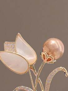 1 Piece Of Vintage And Elegant Brooch, Natural Shell Tulip Brooch - Gold - View 2