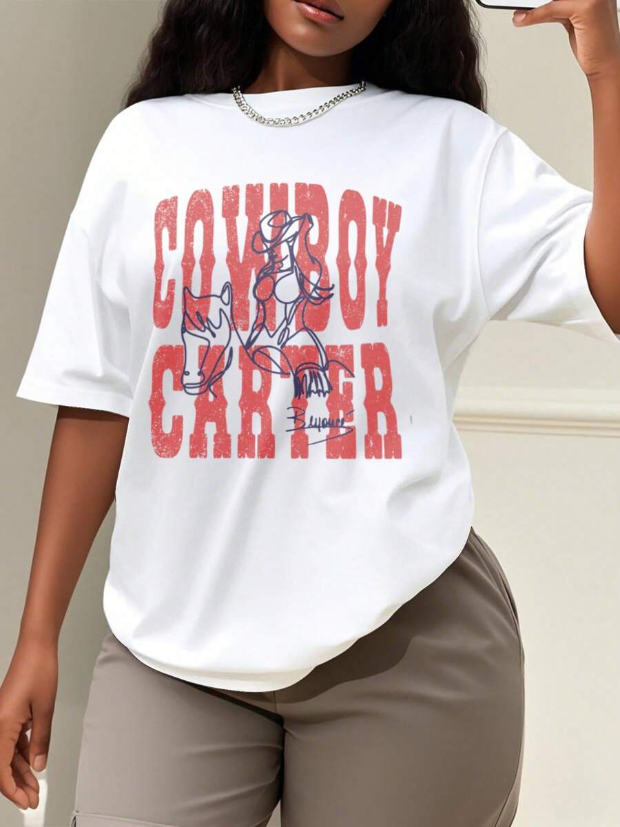 Oversized Style For Women, Cowboy Carter Shirt, Tour Shirt,, Concert Band Tee, Western Music Fan Gift, BeyHaw Rodeo Style T-Shirt, Queen B Shirt, Oversize Type Shirt For Women, Perfect For Holiday Parties Or Gift Giving, Soft And Comfortable - 白色 - 查看 1