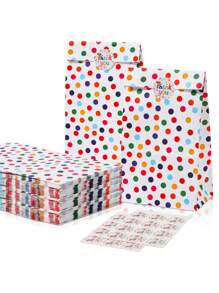 Set de 6 bolsas de regalo + 6 pegatinas, bolsas de regalo de papel kraft con lunares coloridos y pegatinas, diseño de lunares coloridos, bolsas de embalaje para galletas y dulces para fiestas, vacaciones y suministros de embalaje de regalo de cumpleaños