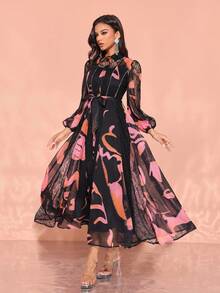 2pcs/Set Women Elegant Random Lace Print Dress, Formal, Party Dress, Gown, For Evening, Wedding Guest, For Valentine's Day - Black - View 5