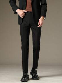 Men's Business Casual Trousers, Minimalist Comfortable Solid Color Tapered Suit Pants, Suitable For Office, Daily Wear, Formal And Casual Occasions - Black - View 3