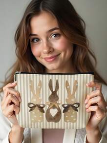 1 pieza Bolsa de cosméticos con estampado de lino de conejito de Pascua, hermosa bolsa de maquillaje de viaje y monedero multipropósito, regalo práctico y ligero para mujeres