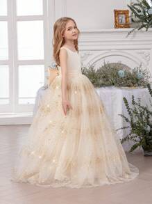 少女蝴蝶结网眼香槟色毕业礼服 - 优雅公主礼服，适合生日礼物、正式派对、婚礼、花童、节日庆祝礼服 - 杏色 - 查看 6