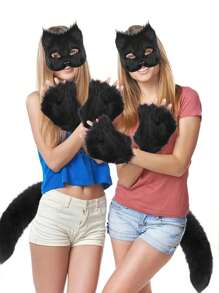 毛茸茸的兽人面具和狐狸尾巴手套套装（适合女孩）、猫面具兽人、狼兽人装备舞会 - 彩色 - 查看 7