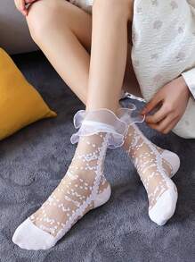 1/2/4 Pairs Lace Trim Sheer Glass Silk Knee High Socks, Transparent Crochet Lolita Socks, Thin Mesh Bow Ankle Socks, Women Hosiery Stockings - Multicolor - View 4