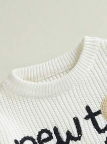 Suéter de otoño para bebé pequeño, jersey de punto de manga larga con cuello redondo y bordado de letras de golf - Blanco - Ver 5