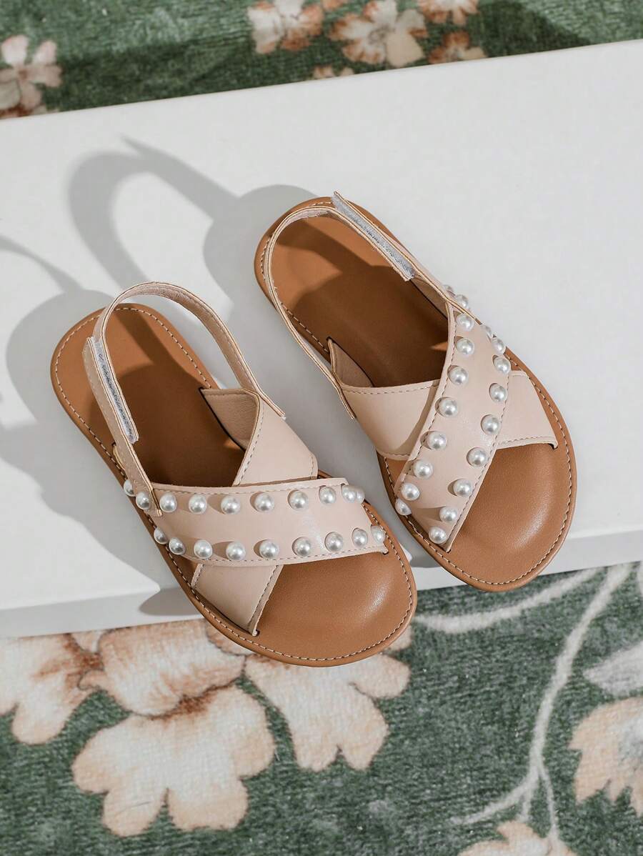 1 par de sandálias rasteiras infantis com detalhes em pérolas, sapatos de praia para o verão - Damasco - Ver 1