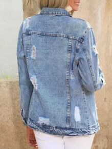 Women's Classic Casual Long Sleeve Denim Jacket - Non Elastic Design, Front Buckle Details, Diagonal Pockets, Tear Style, Fashionable Multi Functional Jacket - Rửa nhẹ - Xem 2