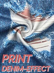 Plus Size Women High Stretch Skinny Leggings, All-Over Denim Effect Ripped & Printed Pattern Capri Pants, Casual Comfortable Knitted Outerwear Sports Trousers - Blue and White - View 7