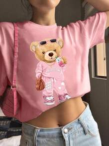 精致小熊粉色 T 恤，粉色套装娃娃熊，可爱街头风格，时尚卡其色小熊，女式图案 T 恤，春夏女士和女孩时尚运动 T 恤，凉爽穿着，常规款式，短袖圆领休闲图案上衣 - 粉色 - 查看 2