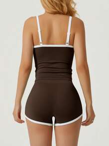 NcmRyu Women's Fashion Backless Colorblock Camisole And Shorts Sports Suit