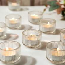 12 Striped Glass Candle Holders, Transparent Mini Candle Holders, Celebration Candle Holders, Suitable For Dining Tables, Coffee Tables, Living Rooms, Tea Lamps, Weddings, Birthday Parties, Anniversaries, Atmosphere Photography, Holiday Atmosphere Candle Holders, Graduation Ceremonies, Party Decorations, Christmas, Halloween, Thanksgiving - trong suốt - Xem 9