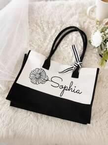 Personalised Floral Canvas Large Tote Bag With Name And Ribbon Birthday Christmas Travel Accessories Gift For Her - Beige - View 3