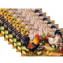 4 件套鸡场印花亚麻餐垫 - 100% 编织亚麻矩形桌垫，适用于餐厅、厨房 - 可洗、防滑、耐热餐垫，适用于咖啡桌、餐桌装饰