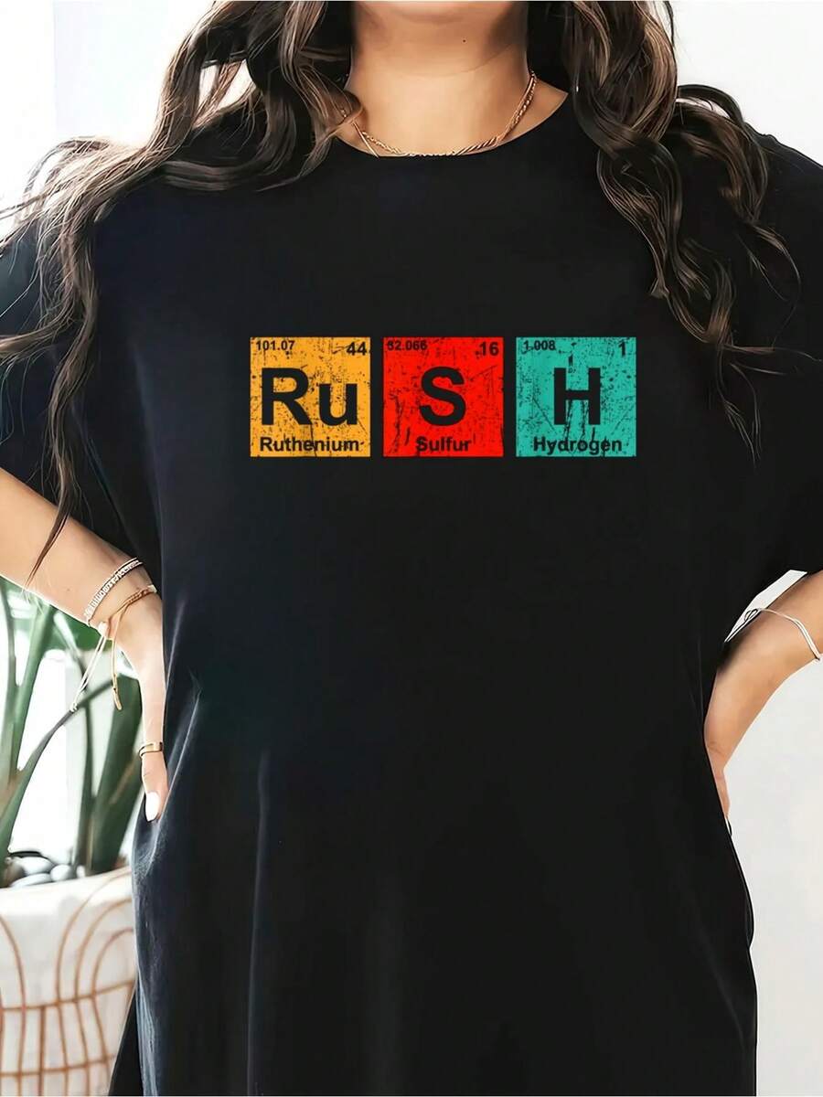 Rush (Ru-S-H) Periodic Table Elements Shirt T-Shirt Short Sleeve Round Neck Casual Top For Summer & Spring, Women's Clothing - Black - View 1