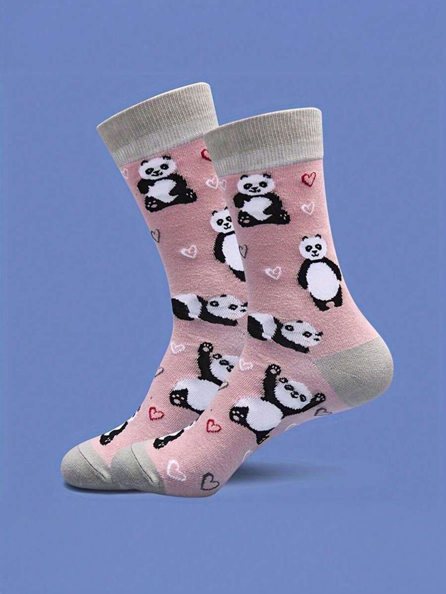 1 双男士粉色熊猫可爱舒适袜子，适合各种场合的百搭款式
