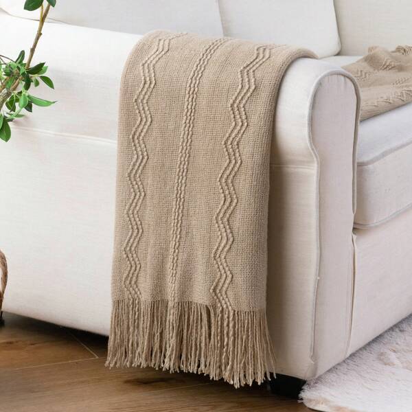 Tan Throw Blanket For Couch Sofa, Boho Decorative Throw Blanket With Fringe, Taupe Knitted Blanket Throws, Home Decor, 50"X60"