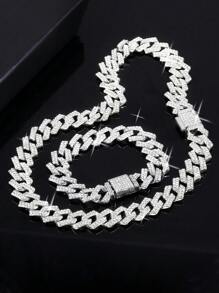 2pcs Set Silver Necklace + Bracelet Rhinestone Hip Hop Jewelry Gift, Suitable For Men And Women Daily Wear, Sports Accessories, Gift Box For Friends And Family - Silver - View 4