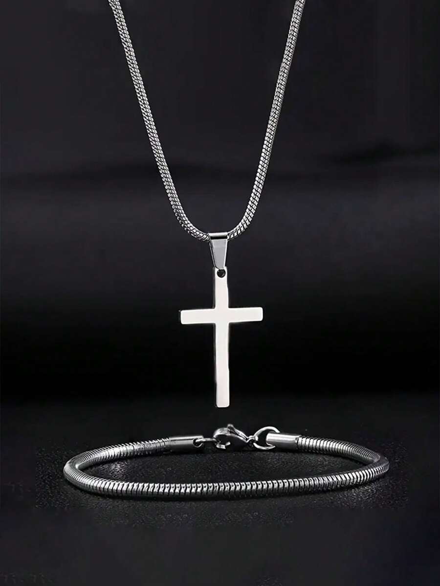 男士不锈钢项链和蛇骨手链 2 件套，个性化简约日常佩戴 - 銀色 - 查看 1