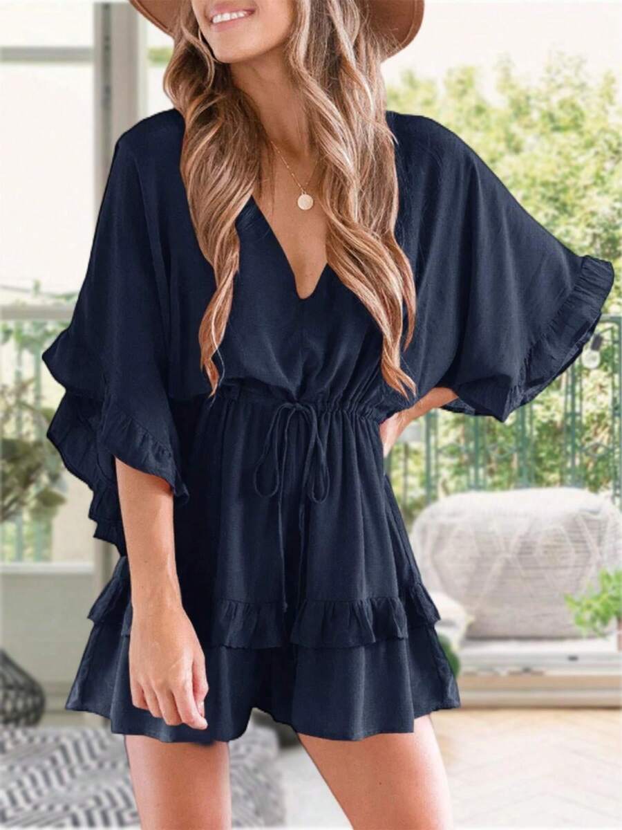 Womens V Neck Beach Romper Ruffle Layered Drawstring Waist Shorts Jumpsuit - 藏蓝色 - 查看 1