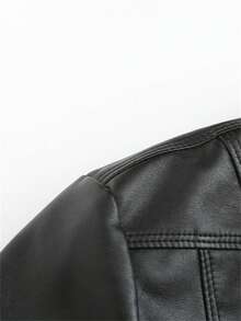 女式短款仿皮夹克，春/秋，立领，薄皮摩托车夹克，D02 - 黑色 - 查看 7