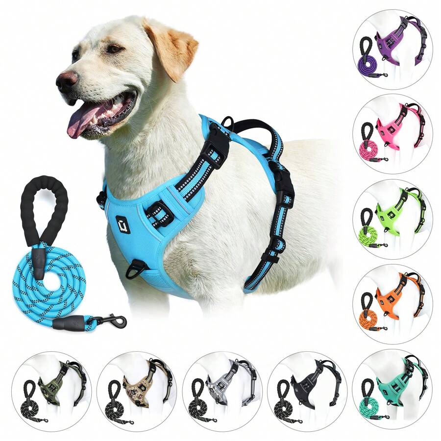 狗狗胸背帶和牽繩組合,防逃跑抗拉力背心式胸背帶,附五英尺牽繩,反光可調節柔軟襯墊寵物背帶搭配手柄,適用於小型犬至大型犬
