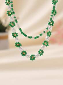 2pcs Bohemian Style Beaded & Pearl Flower Necklace Set For Women, Cute Handmade Jewelry Suitable For Daily Wear & Holiday - Green - View 1
