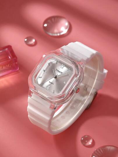 1 件女士简约方形石英表，带硅胶表带，休闲实惠时尚手表适合日常佩戴