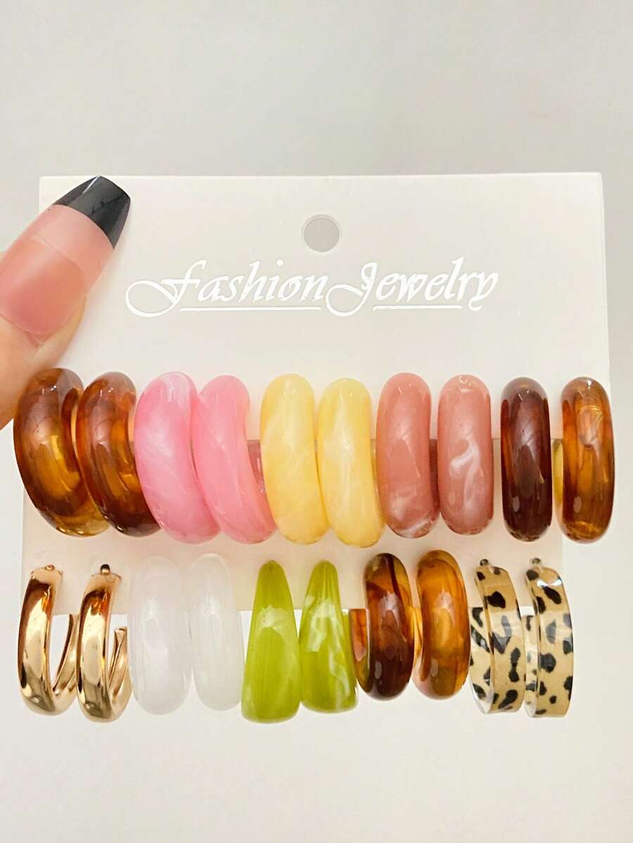 10pcs/Set Minimalist Vintage Square Geometric Pearl Resin Leopard Print Earrings Jewelry Set For Women, Daily Wear (Slight Color Difference Is Normal, Cards Randomly Shipped) - Multicolor - View 1