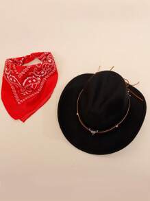 2PCS Western Cowboy Costume, Cowboy Hat Cosplay Accessory, Brown Western Cowboy Hat Dress Up For Kids, Funny Halloween Party Roleplay, Set Of 1 Black Cowboy Hat, 1 Red Bandanna - Black - View 6