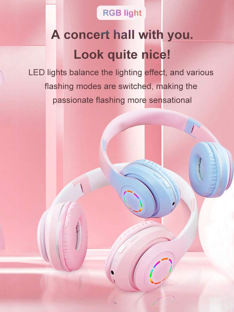 Gradient Color Wireless Headphones, Long Battery Life, HiFi Stereo Foldable Lightweight Headset,Gaming Headphones,Colorful LED Light,Gaming/Office/Party/Work/Call/, Compatible With Smartphone, Computer,TF/3.5MM