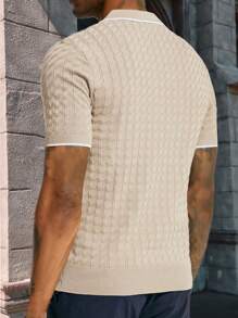 Men's Solid Color Zip-Up Polo Knit Short Sleeve Top, 2025 New Business Casual Breathable Short Sleeve Knit Sweater - Apricot - View 2