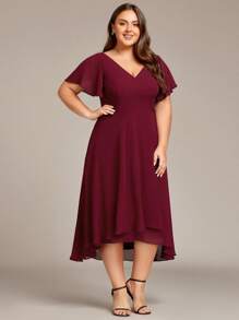 EVERPRETTY Plus Size Elegant High Low Flowing Chiffon V-Neck Ruffle Sleeves Bridesmaid Dress - Burgundy - View 3