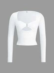 Vaiaye 女士夏季针织方领镂空性感收腰圣诞修身白色上衣 - 白色 - 查看 3