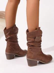 Brown Fringe Rivets Pleated Slip-On Round Toe Chunky Heel Casual Versatile Riding Boots, Commuter Style For Women, Autumn/Winter - Brown - View 8