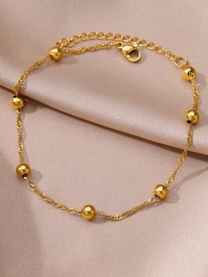 1pc Bohemian Style Beaded Anklet, Women's 18K Gold Plated Stainless Steel Adjustable Ankle Chain, Fashion Accessory For Summer Beach