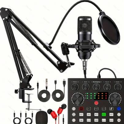 Haomuren Studio Soundboard Audio Mixer Sound Card Interface-All In One-Podcast Production With One Condenser Microphone With Large Diaphragm, Professional Cardioid Studio Mic Podcasting Equipment Kit For Podcasting, Recording, Streaming, Vocals, Music, ASMR