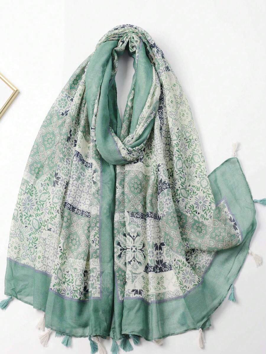 1pc Spring/Autumn Floral Printed Tassel Scarf/Beach Shawl - Multicolor - View 1