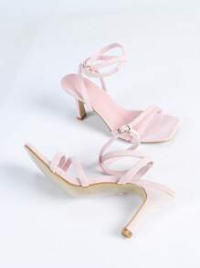 Women's Solid Color Fashionable High Heel Sandals, Ankle Strap Stilettos, Open Toe Criss-Cross Sandals, Pink High Heel Sandals - Pink - View 6