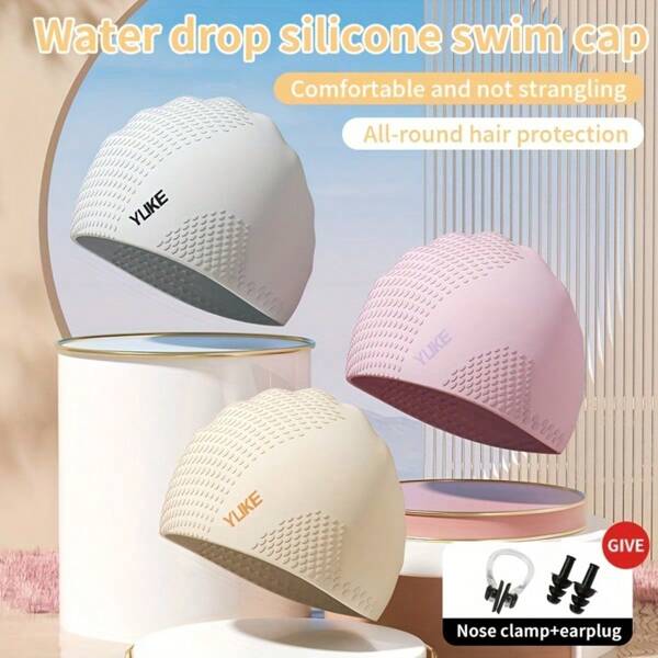 Gorro de natación de silicona impermeable para adultos - Cómodo, antideslizante, protección del cabello todo alrededor Beige/Blanco, Rosa, Marrón Claro Incluye tapones para los oídos y pinza nasal Perfecto para cabello largo y como regalo, equipo de deportes acuáticos Gorro de natación texturizado Ajuste cómodo, artículos esenciales de playa, accesorios de playa, flotador de piscina
