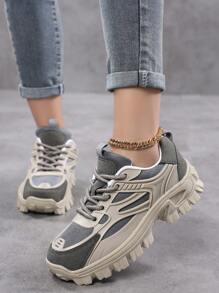 女士运动前厚底运动鞋，拼色皮革系带女鞋轻便透气运动鞋女鞋防滑耐磨户外运动鞋，舒适休闲女鞋